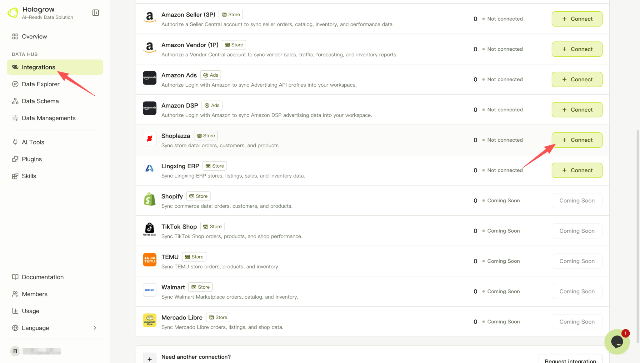 Screenshot: find Shoplazza in Integrations and click Connect