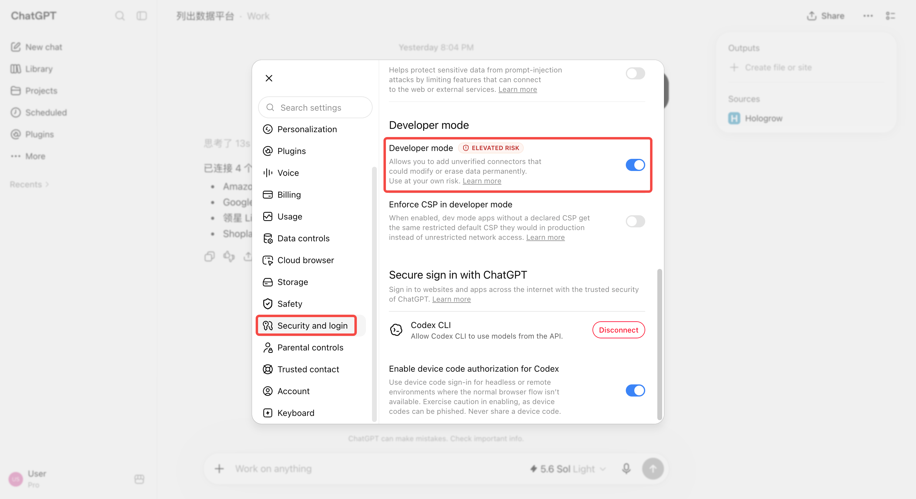 Enable Developer mode in ChatGPT Security and login settings