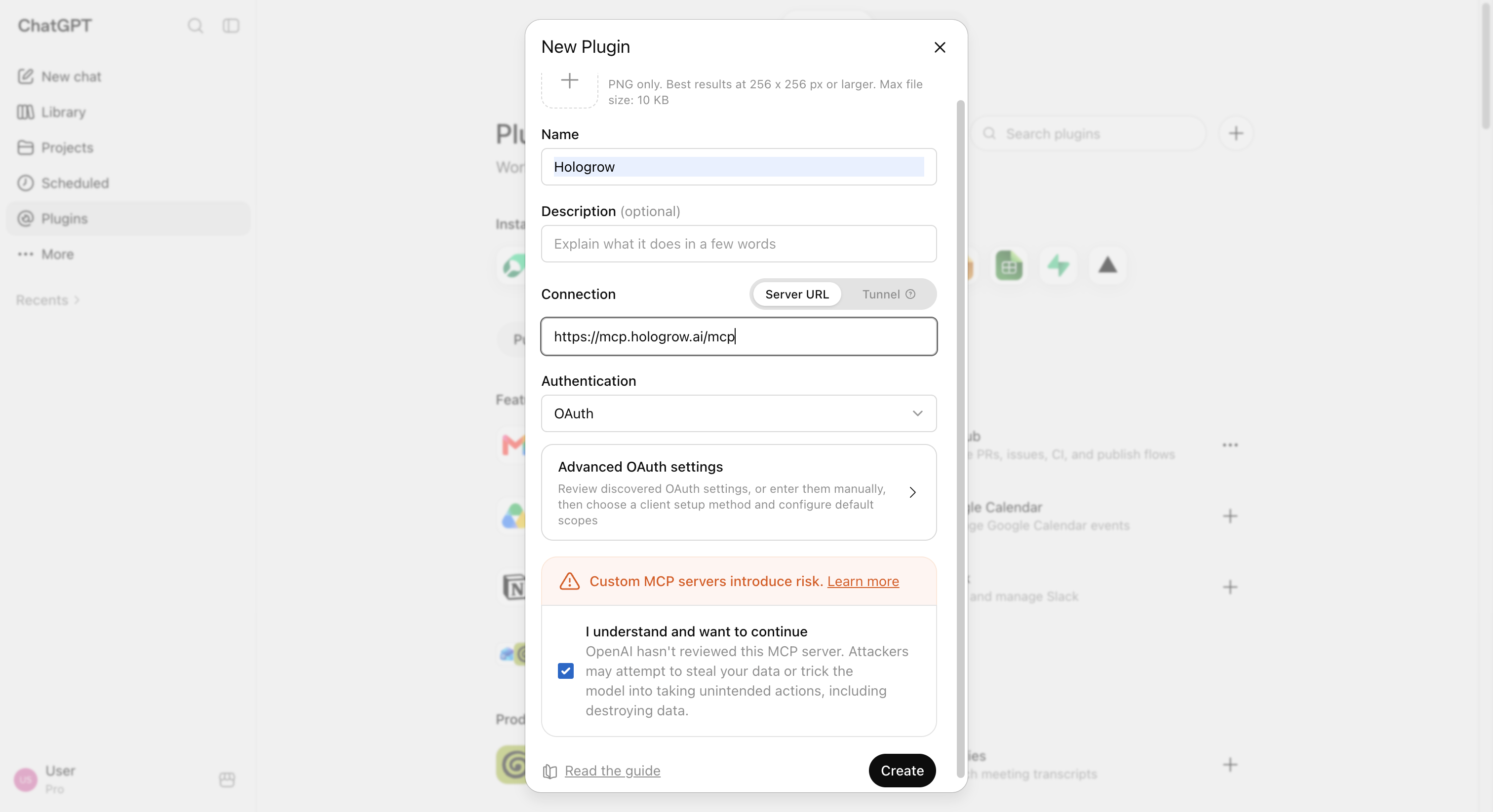 Create a Hologrow custom plugin with the server URL and OAuth
