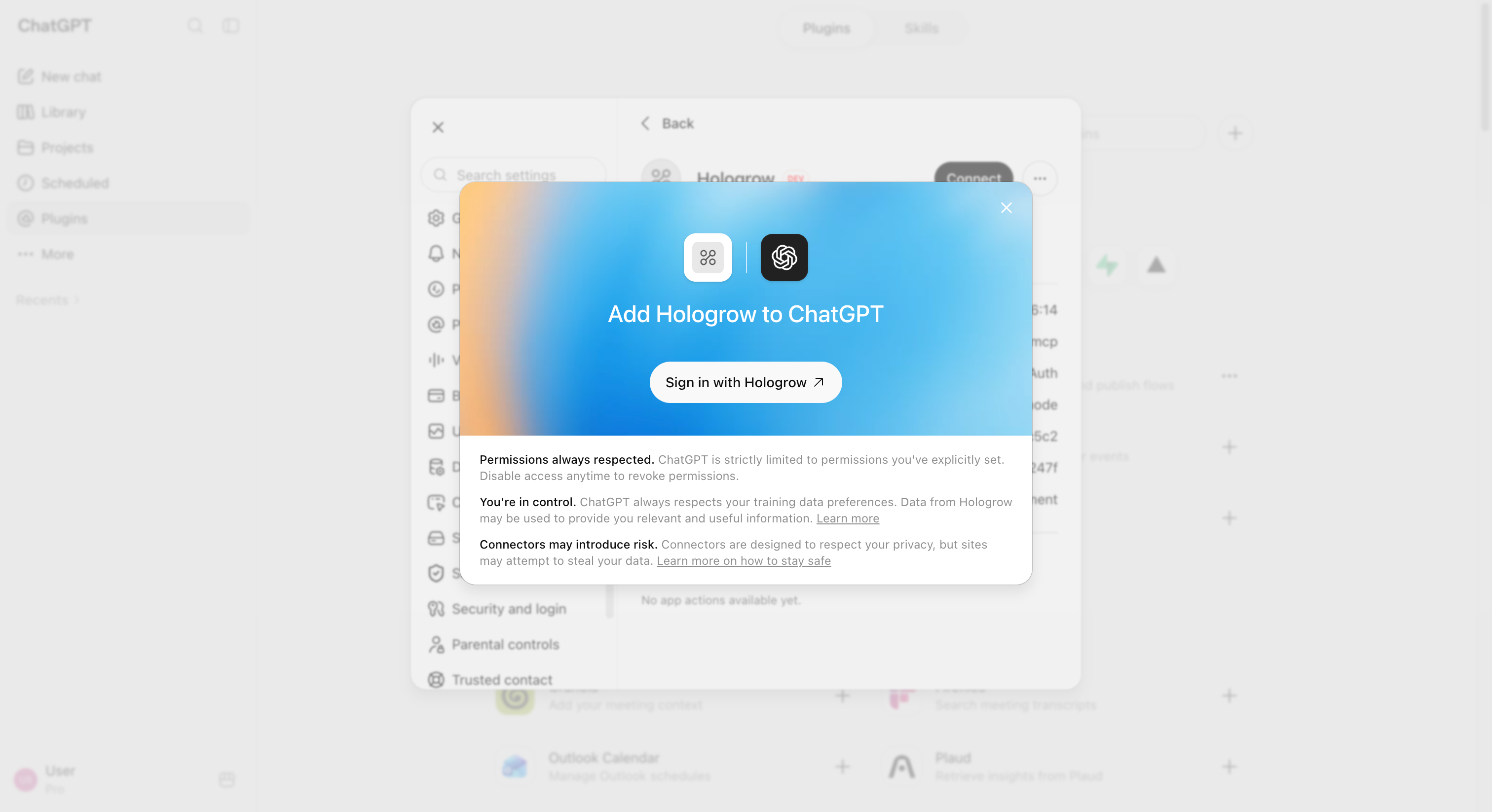 Sign in with Hologrow to authorize the ChatGPT plugin