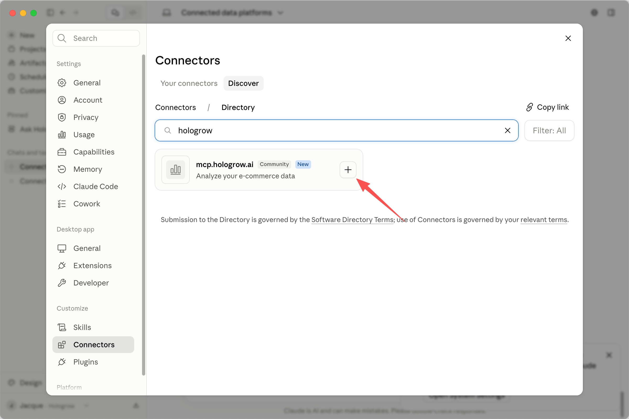Click the plus icon to connect Hologrow MCP