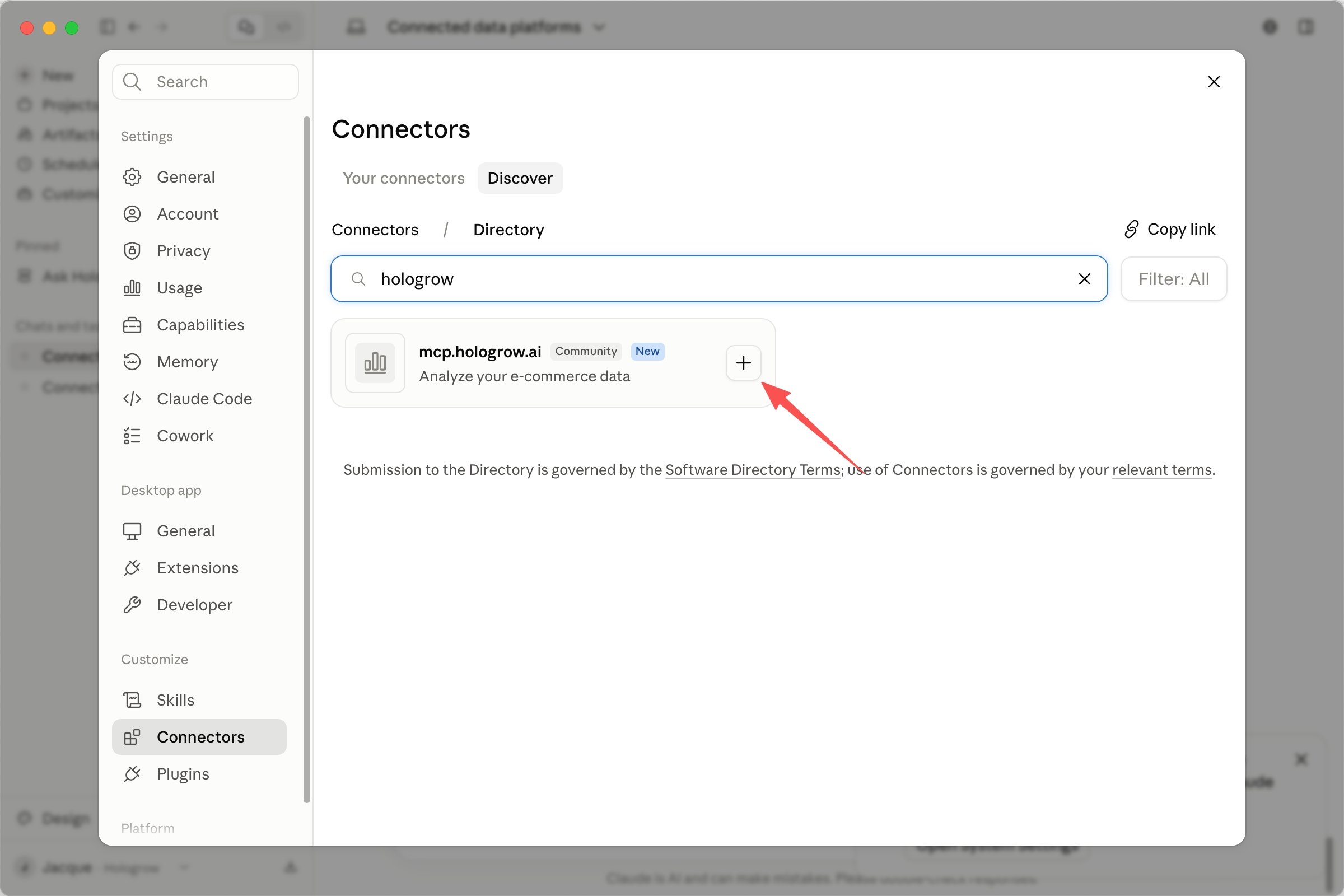 Click the plus icon to connect Hologrow MCP
