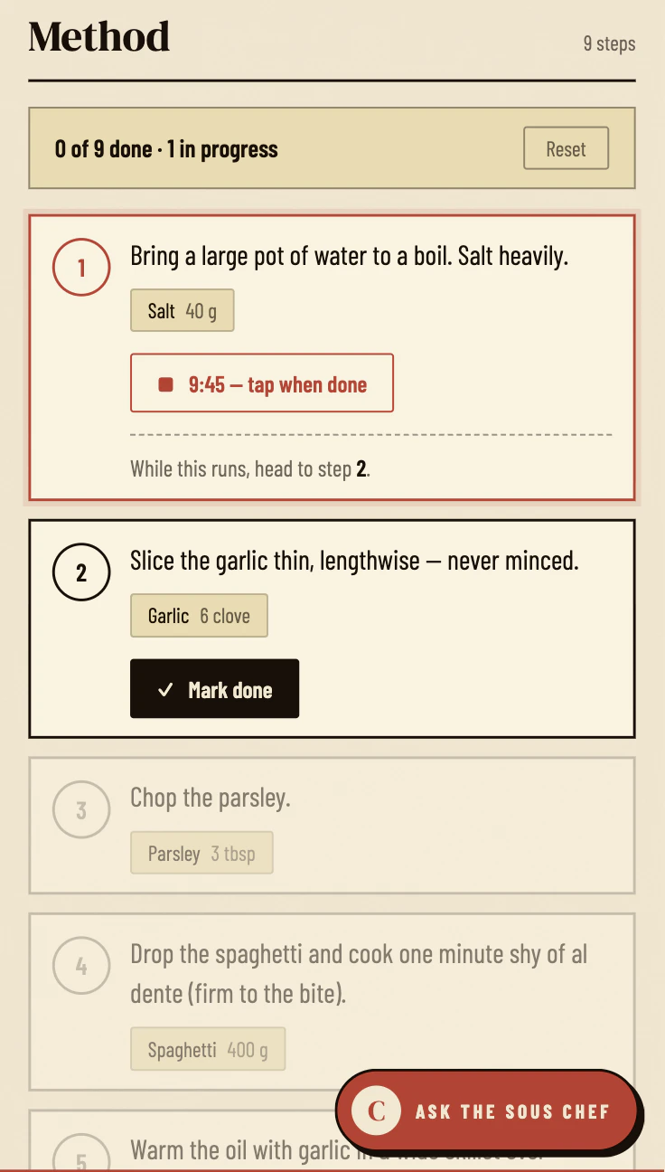 Focused Cook Mode — a recipe in progress