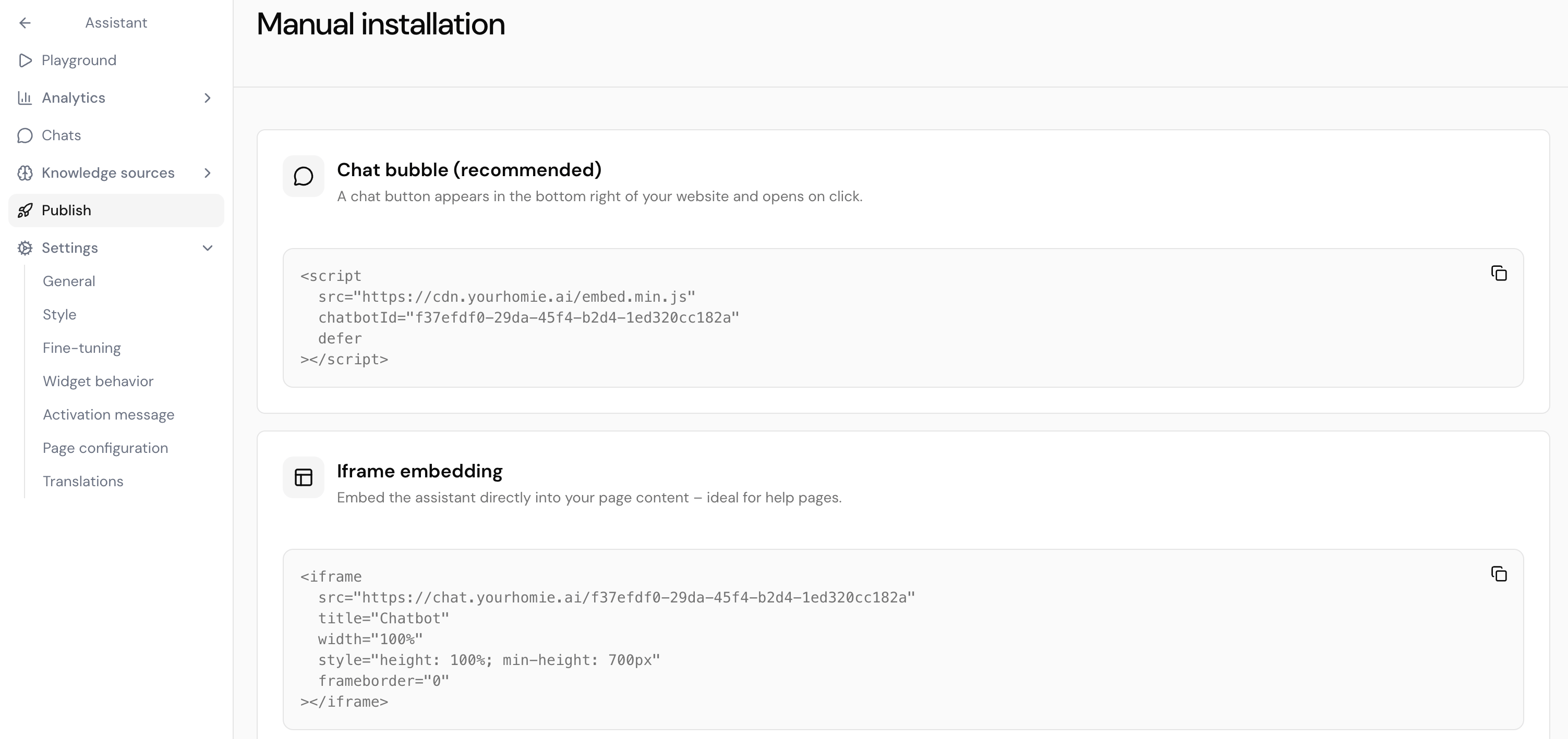 Platform Publish area showing the copyable Shopify script snippet