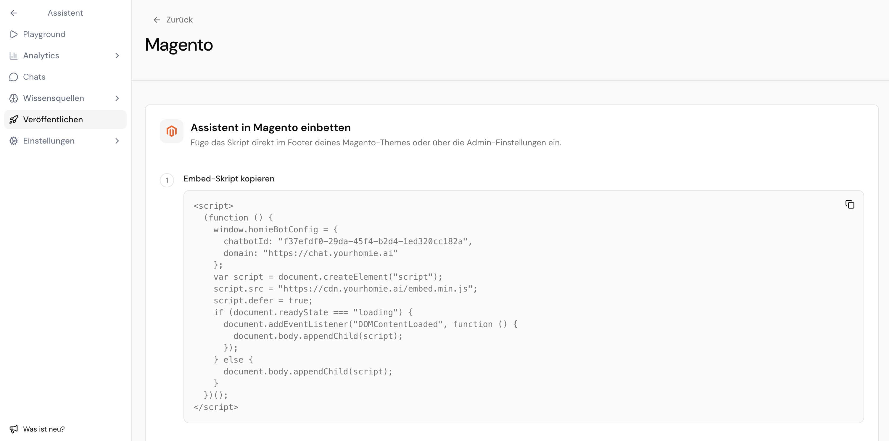 Veröffentlichen-Bereich in der Plattform mit dem kopierbaren Script-Snippet