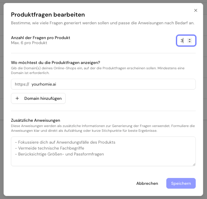 Setup-Seite für Produktfragen mit Anzahl der Fragen, erlaubten Domains und zusätzlichen Generierungsregeln