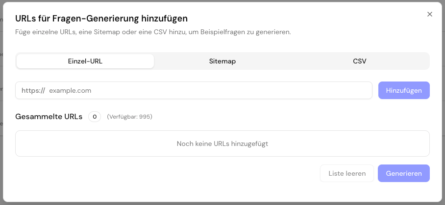 Create-Dialog mit den Methoden Einzel-URL, Sitemap und CSV-Import zum Hinzufügen von Produktseiten