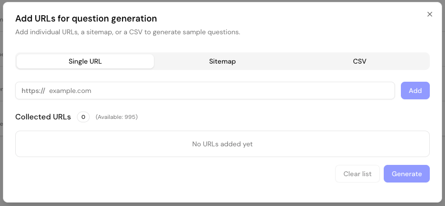 Create dialog offering single URL, sitemap, and CSV import methods for adding product pages