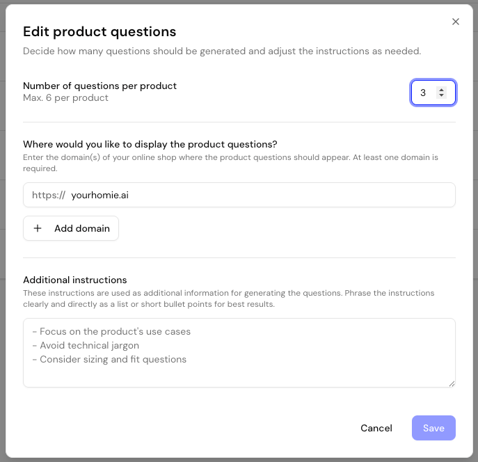 Product Questions setup page showing the number of questions, allowed domains, and additional generation rules