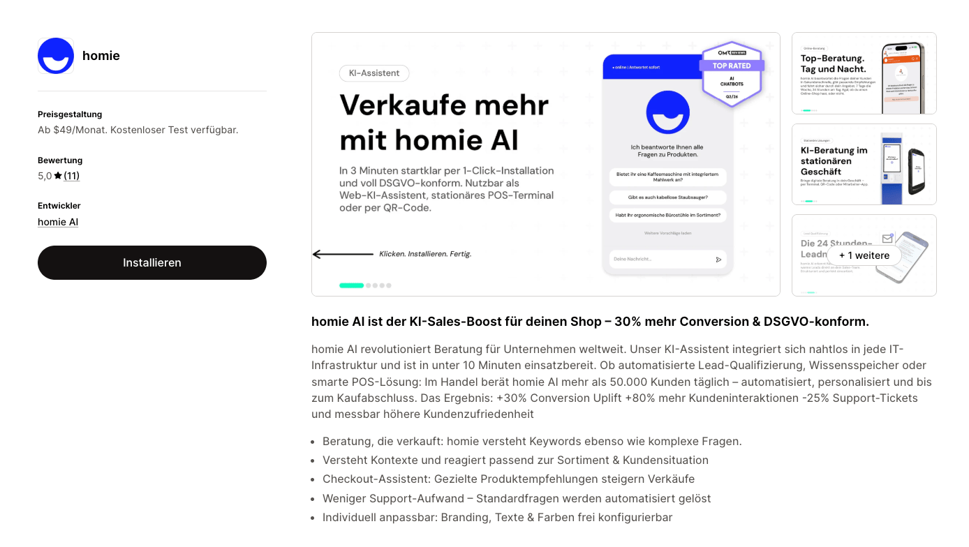 Shopify-Karte im Integrationen-Bereich der homie-AI-Plattform