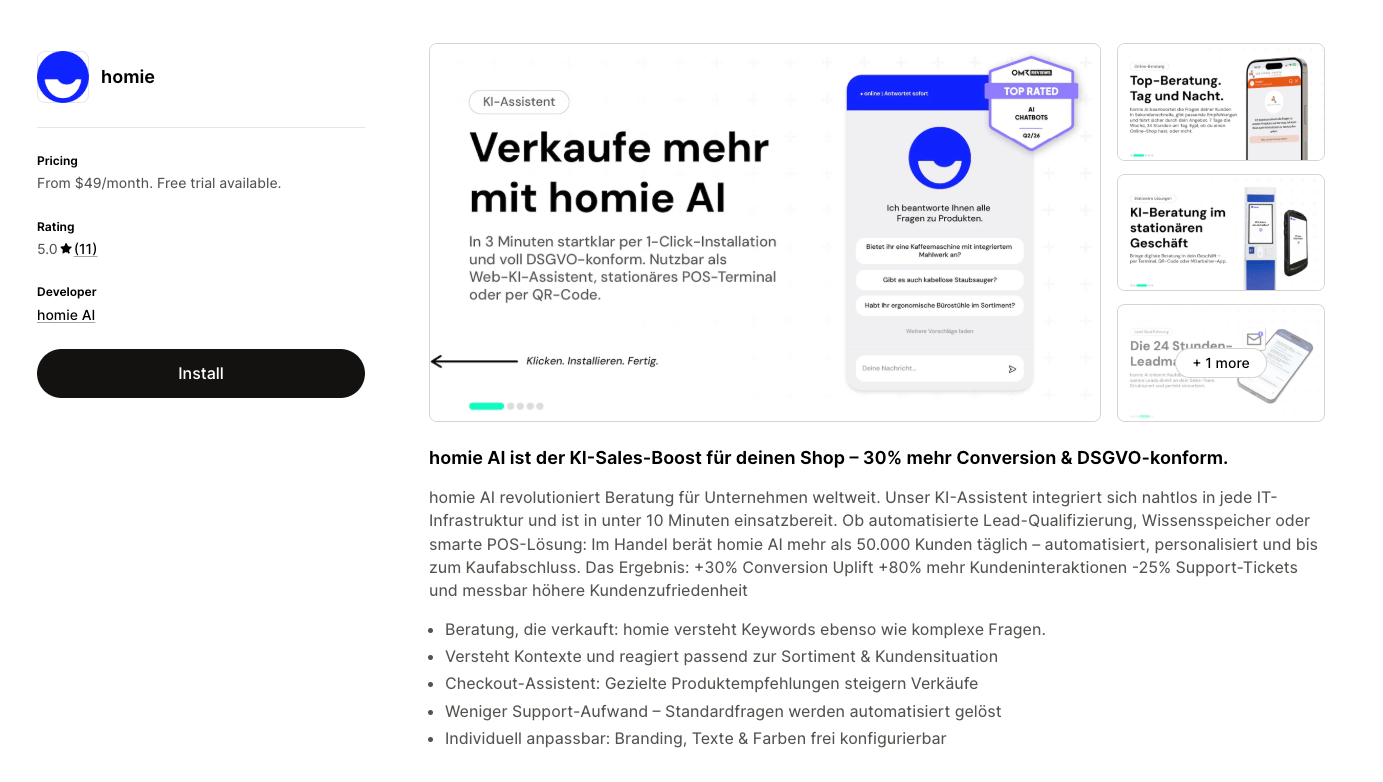 Shopify card in the homie AI integrations area