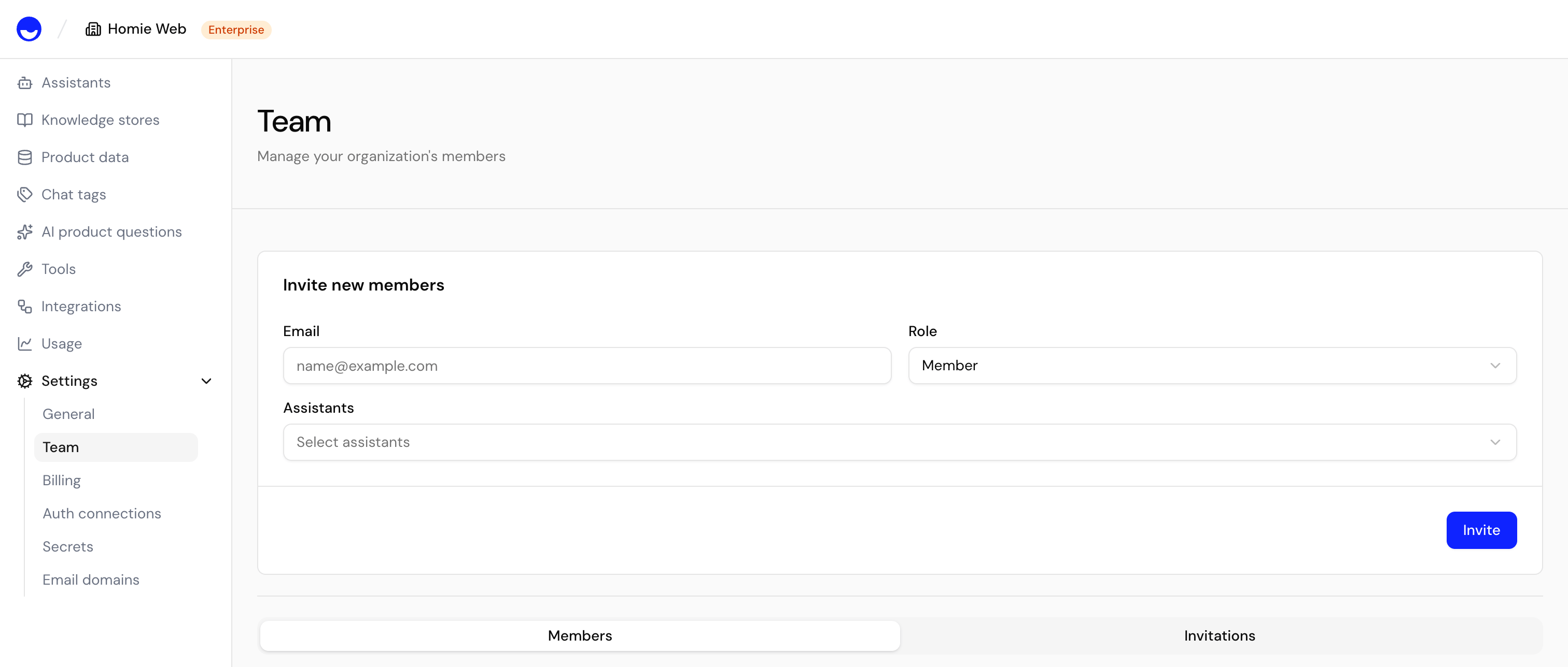 Invite team members by adding their email address.