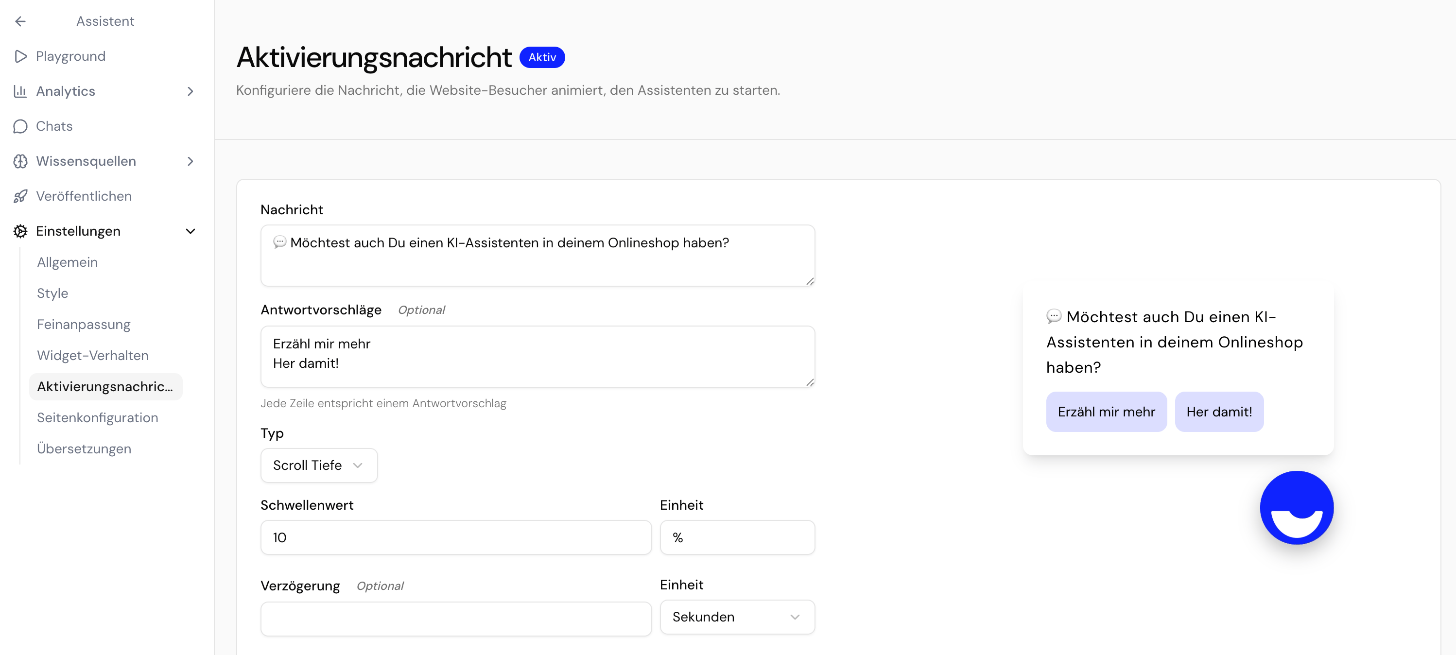 Vorgeschlagene Quick-Reply-Nachrichten als Pills