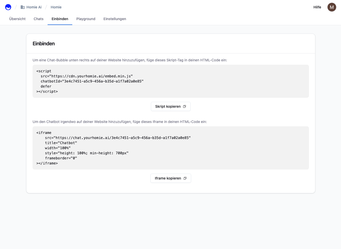 Homie dashboard – Connect tab with script snippet