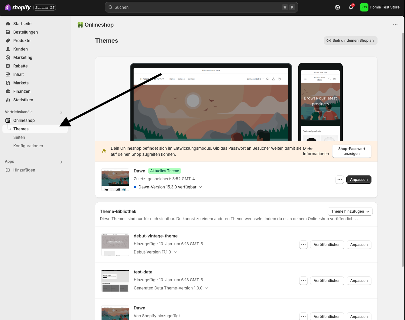 Shopify – navigate to Themes