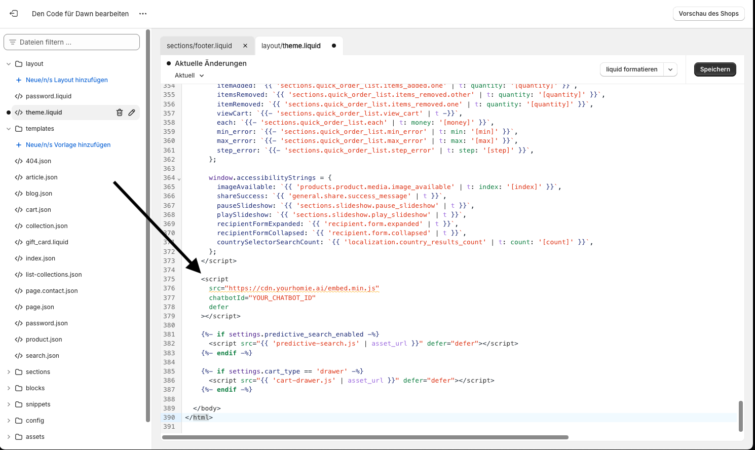 theme.liquid with Homie script pasted before </body>