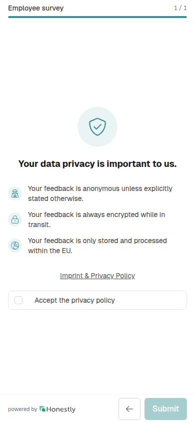 The privacy page on the new participation page, with the three commitments, the Imprint & Privacy Policy link, the Accept the privacy policy checkbox and the Submit button