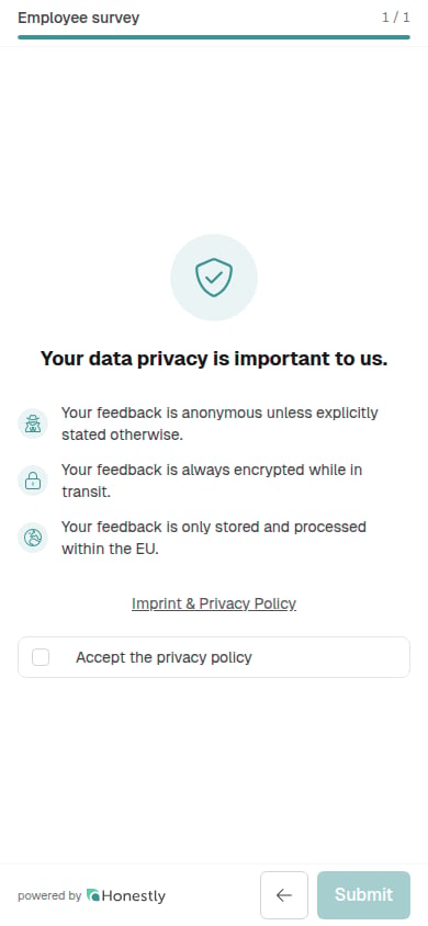 The privacy page on the new participation page, with the three commitments, the Imprint & Privacy Policy link, the Accept the privacy policy checkbox and the Submit button