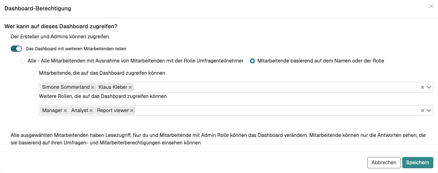 Der Dialog Dashboard-Berechtigung mit einzelnen Personen und den Rollen Manager, Analyst und Report viewer