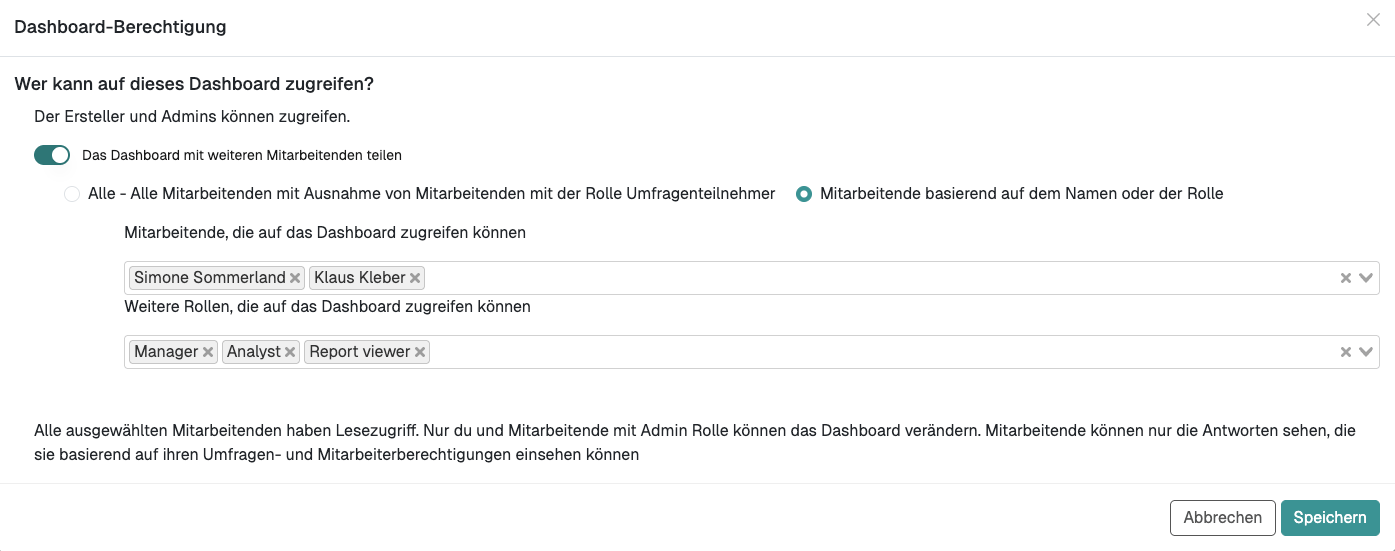 Der Dialog Dashboard-Berechtigung mit einzelnen Personen und den Rollen Manager, Analyst und Report viewer
