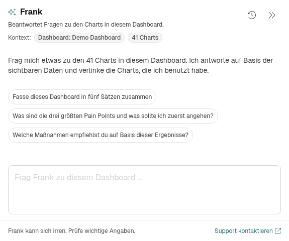 Frank in einem Dashboard mit Kontext, Fragevorschlägen und Eingabefeld