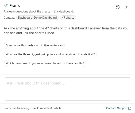 Frank on a dashboard with context, suggested questions and the input field