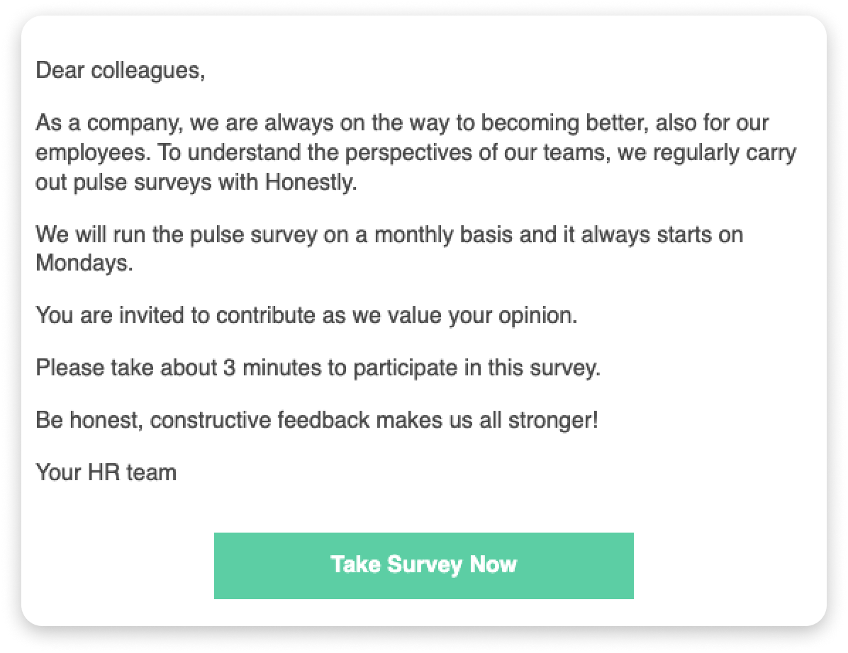 Example invitation email with the "Take Survey Now" button