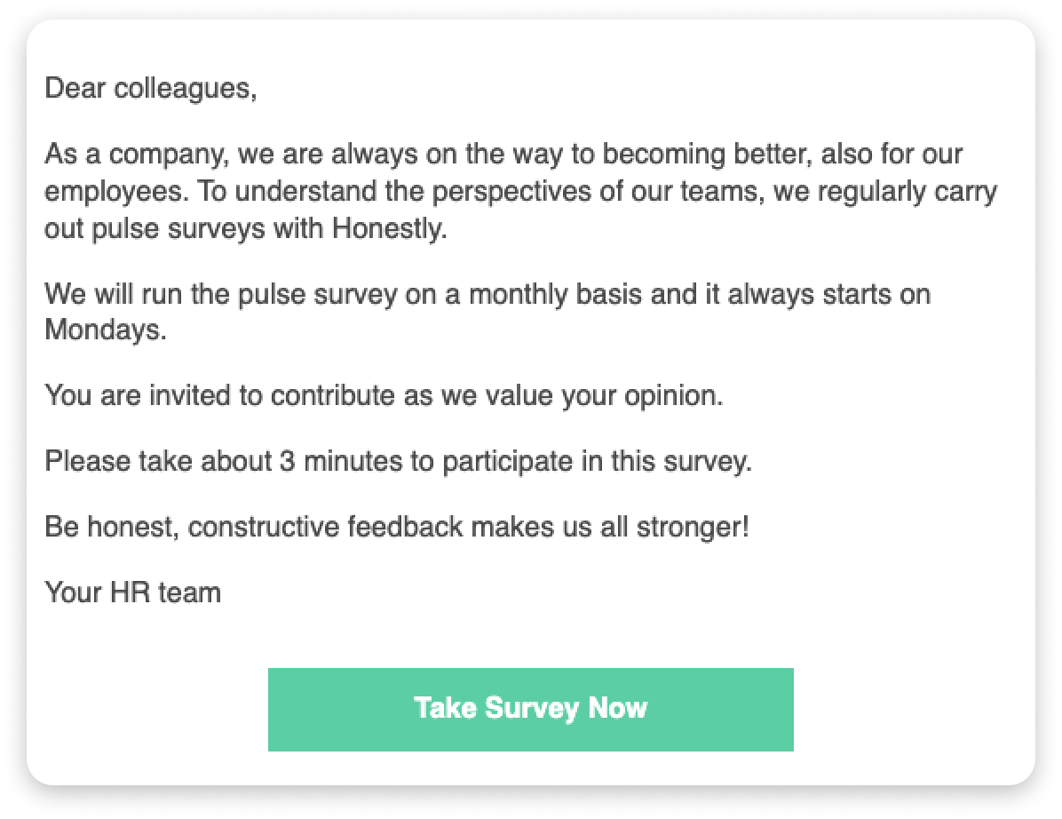 Example invitation email with the "Take Survey Now" button