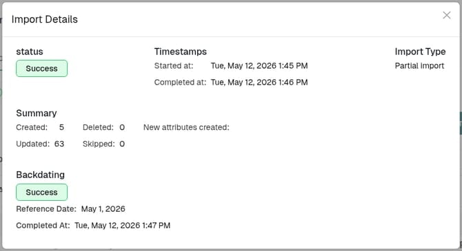 Import Details modal with the Backdating section showing Success, Reference Date and Completed At
