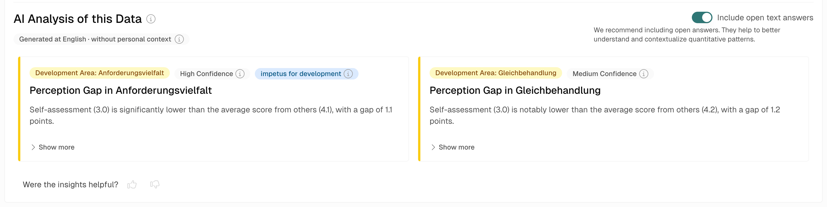 AI Analysis cards showing insight type, confidence badge and the impetus for development flag