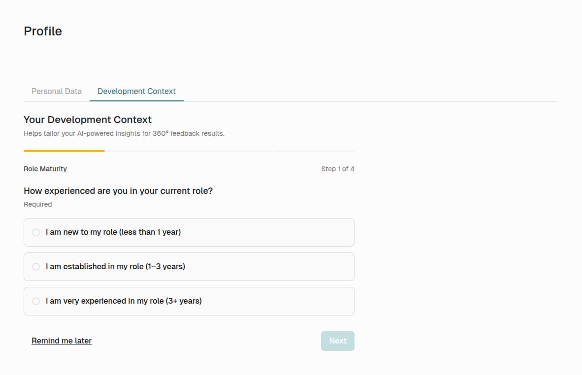 Step 1 of the Development Context wizard – Role Maturity