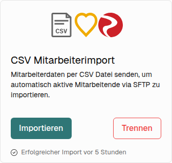 Kachel CSV Mitarbeiterimport mit der Meldung Erfolgreicher Import