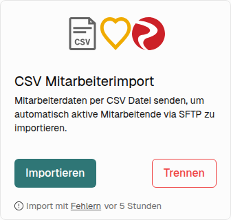 Kachel CSV Mitarbeiterimport mit der Meldung Import mit Fehlern