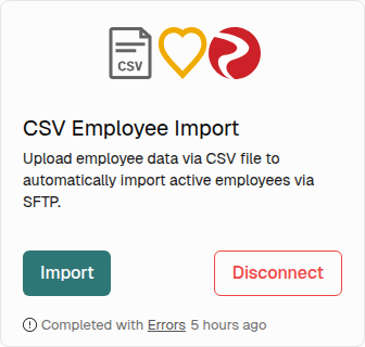 CSV Employee Import card showing Completed with Errors