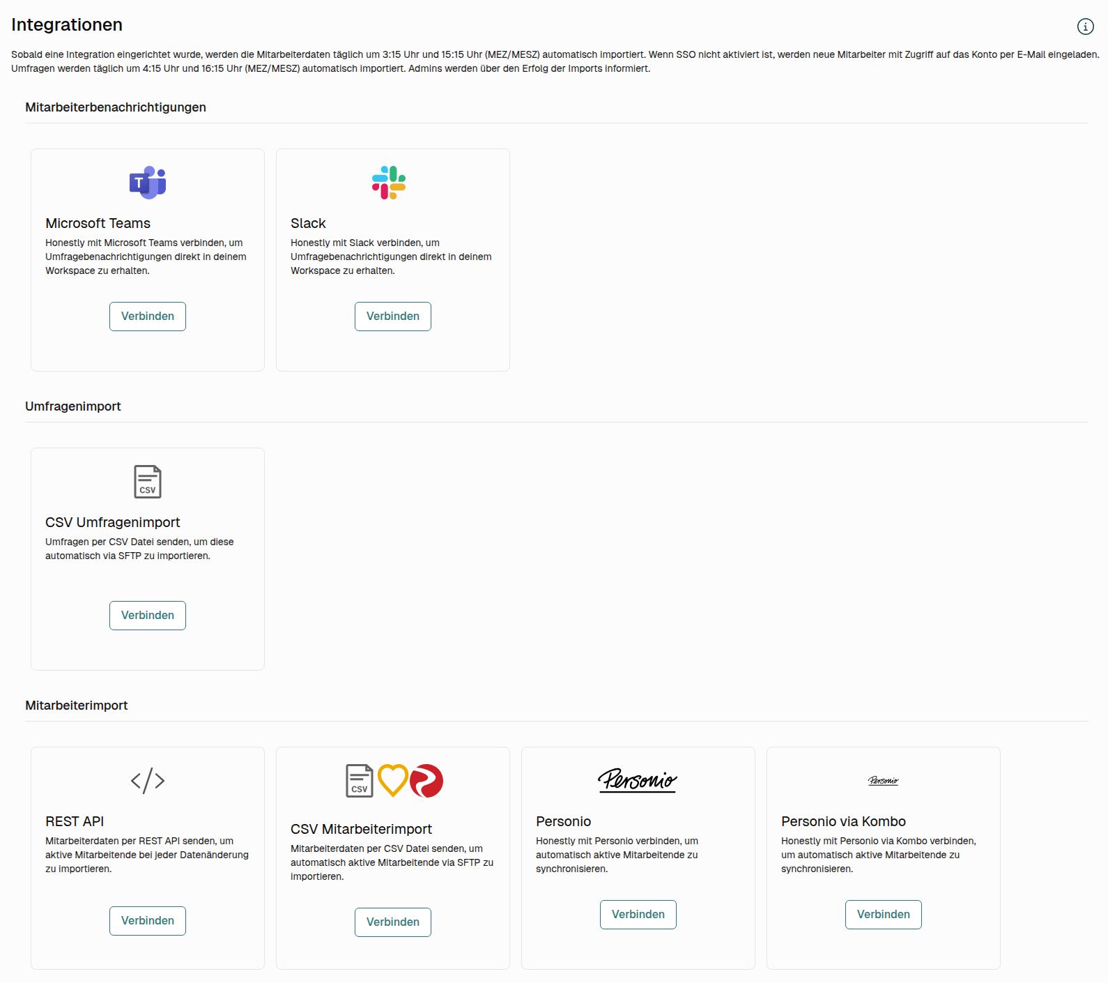 Die Seite Integrationen mit der Kachel CSV Mitarbeiterimport im Abschnitt Mitarbeiterimport