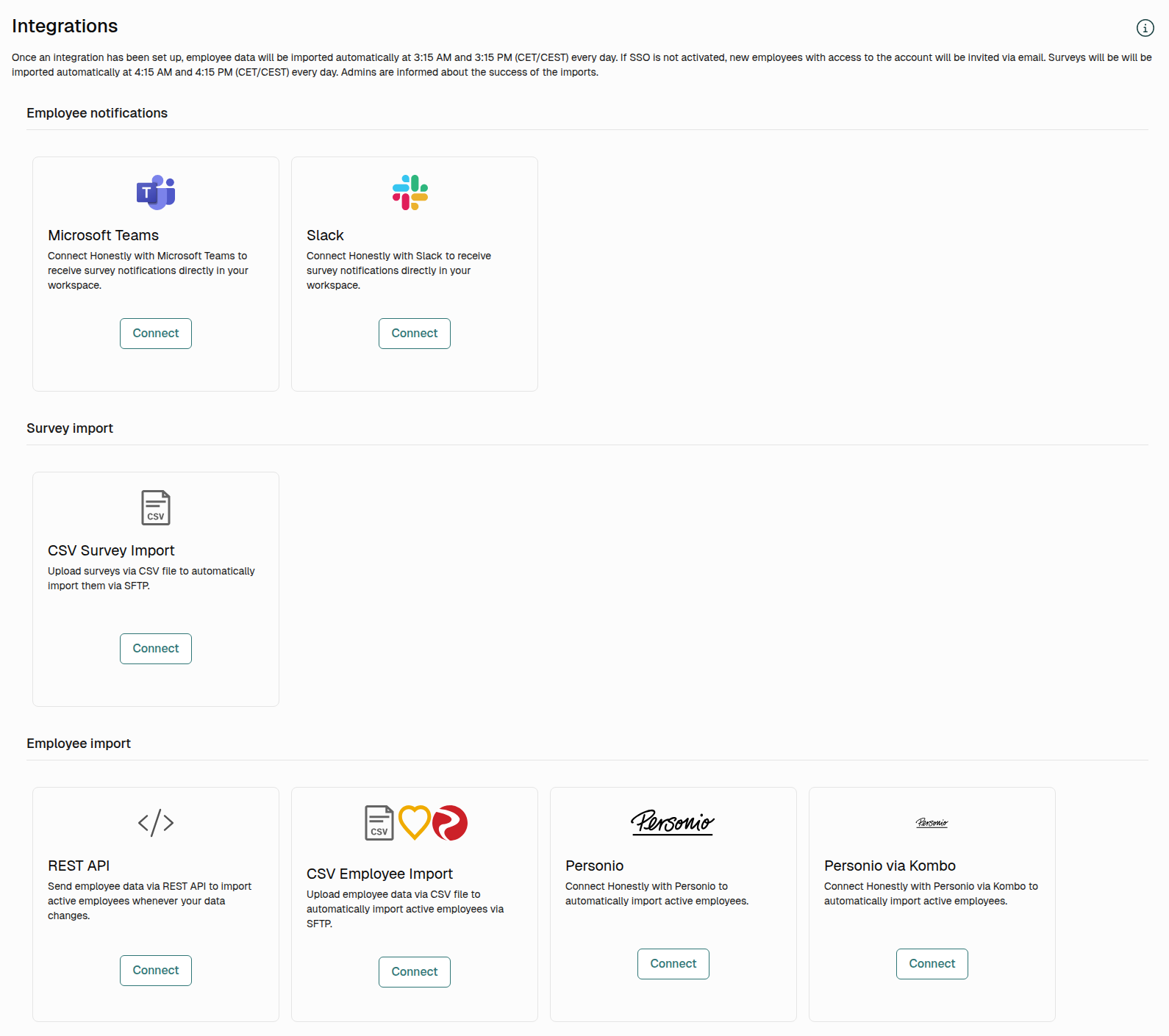 The Integrations page with the CSV Employee Import card in the Employee import section