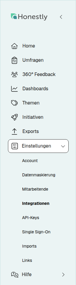 Seitennavigation mit geöffneten Einstellungen und dem Eintrag Integrationen