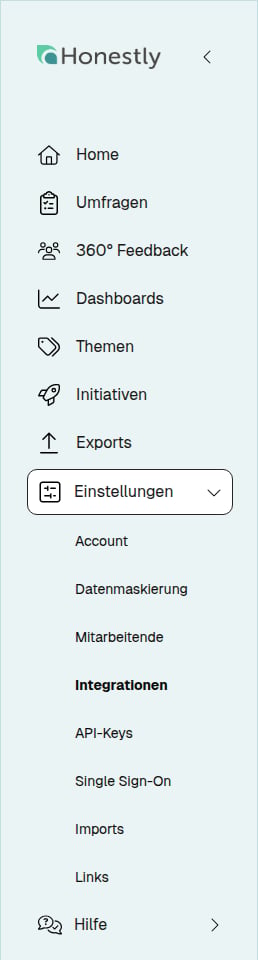 Seitennavigation mit geöffneten Einstellungen und dem Eintrag Integrationen