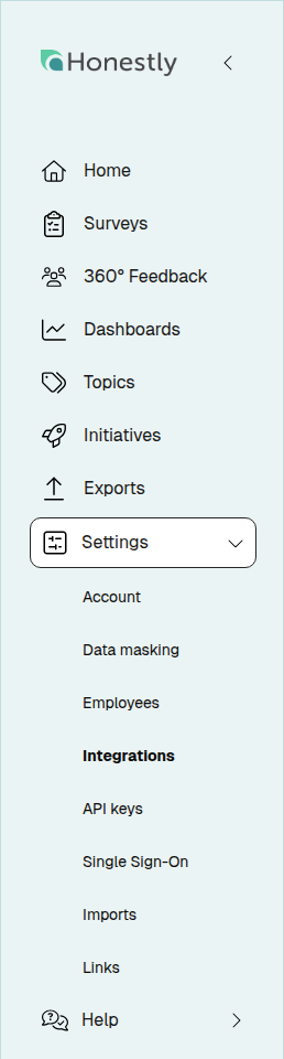 Side navigation with Settings expanded and the Integrations entry