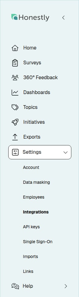 Side navigation with Settings expanded and the Integrations entry