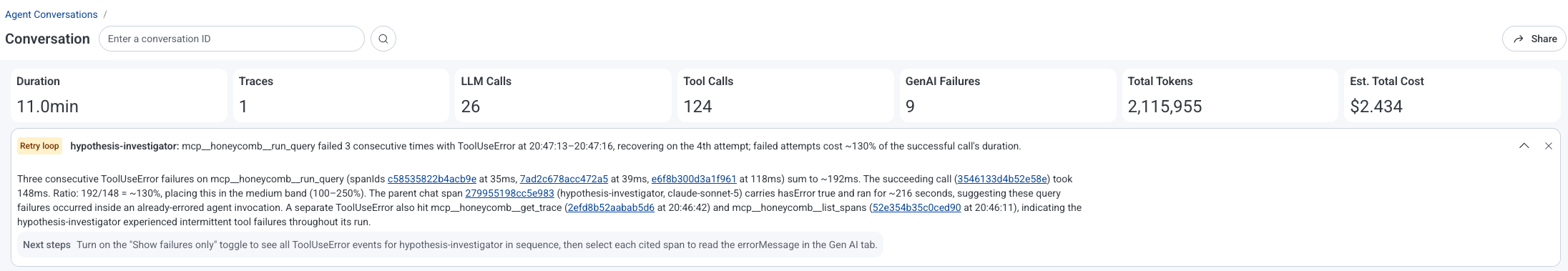 Example of a Timeline Insight for a Gen AI conversation on the Agent Timeline in the Honeycomb UI.