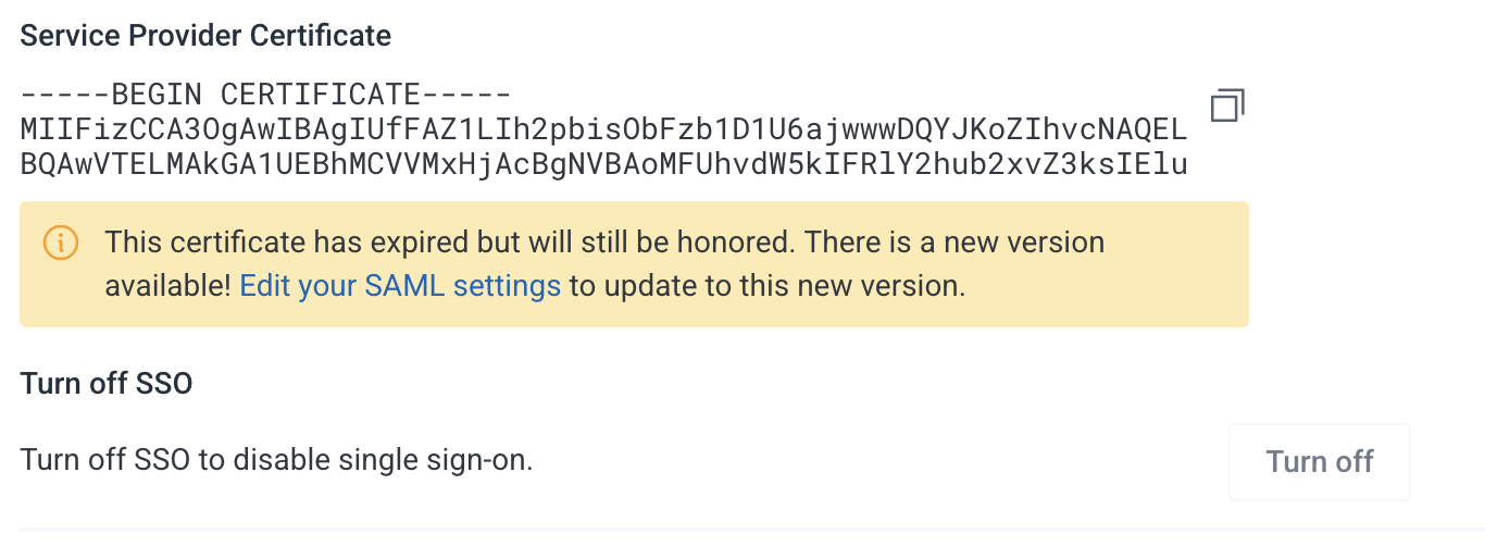Team SAML settings showing a warning banner saying that the certificate has expired but will still be honored