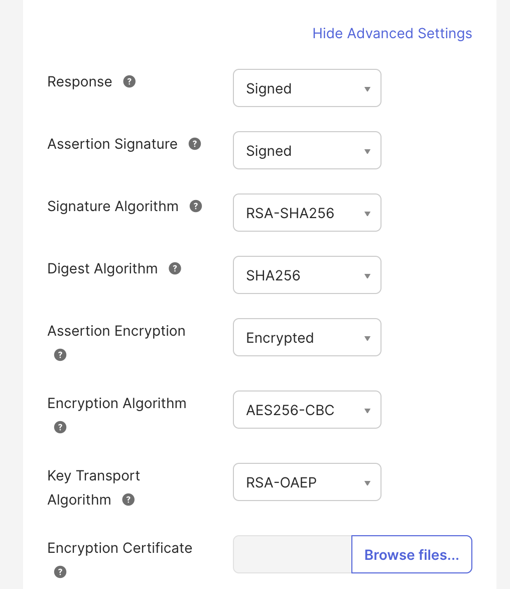 SAML advanced settings configuration page in Okta showing dropdown menus for security parameters like signature algorithms, encryption settings, and certificate upload options.