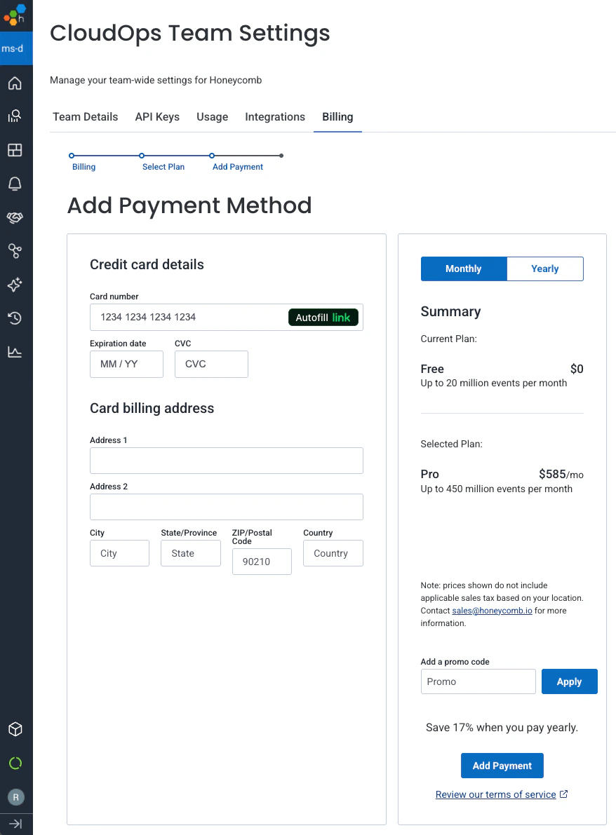 Screenshot showing the Add Payment Method page with credit card and billing address fields