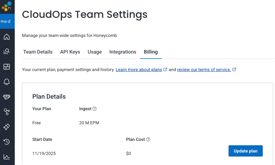 Change Pricing Plan - Honeycomb Docs