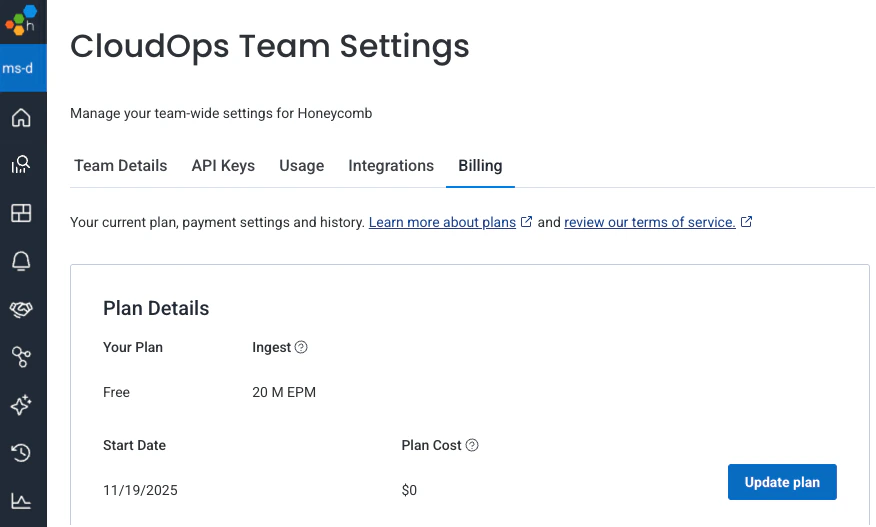 Screenshot showing the Billing tab with current plan information and Update Plan button