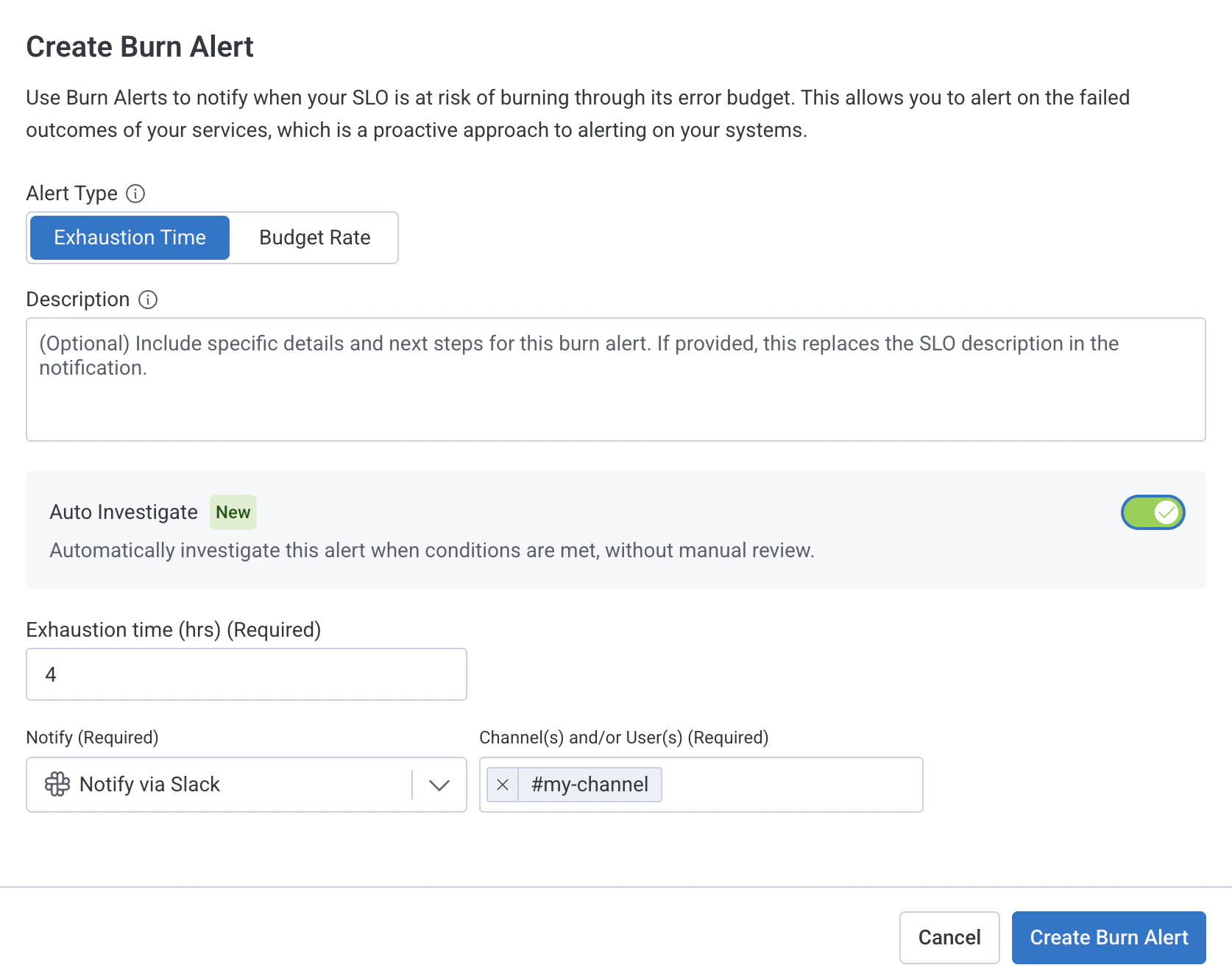 Example of enabling automatic investigation for an SLO burn alert.