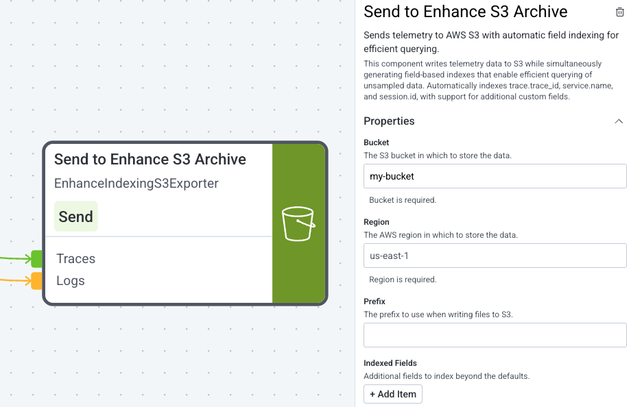 Example of the Send to Enhance S3 Archive component and its available properties on the Pipeline Builder canvas