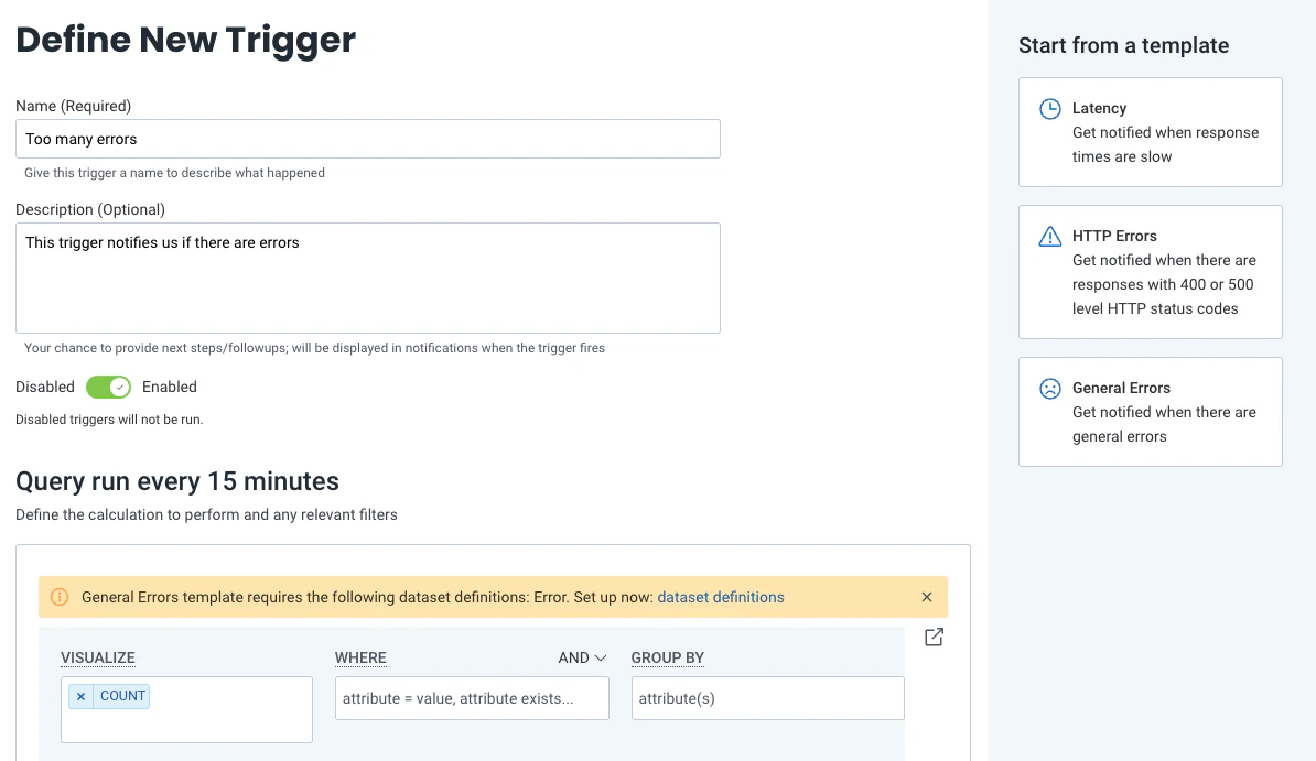 Shows Define New Trigger form with General Errors template selected and a missing Error dataset definition message.