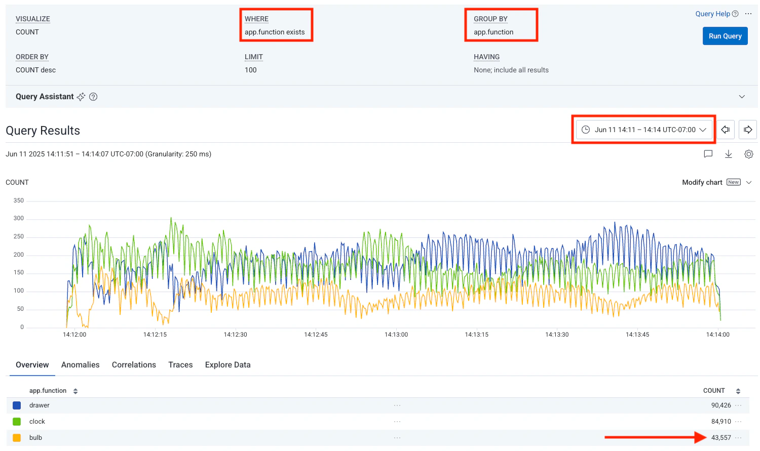 Screenshot of a query filtered by